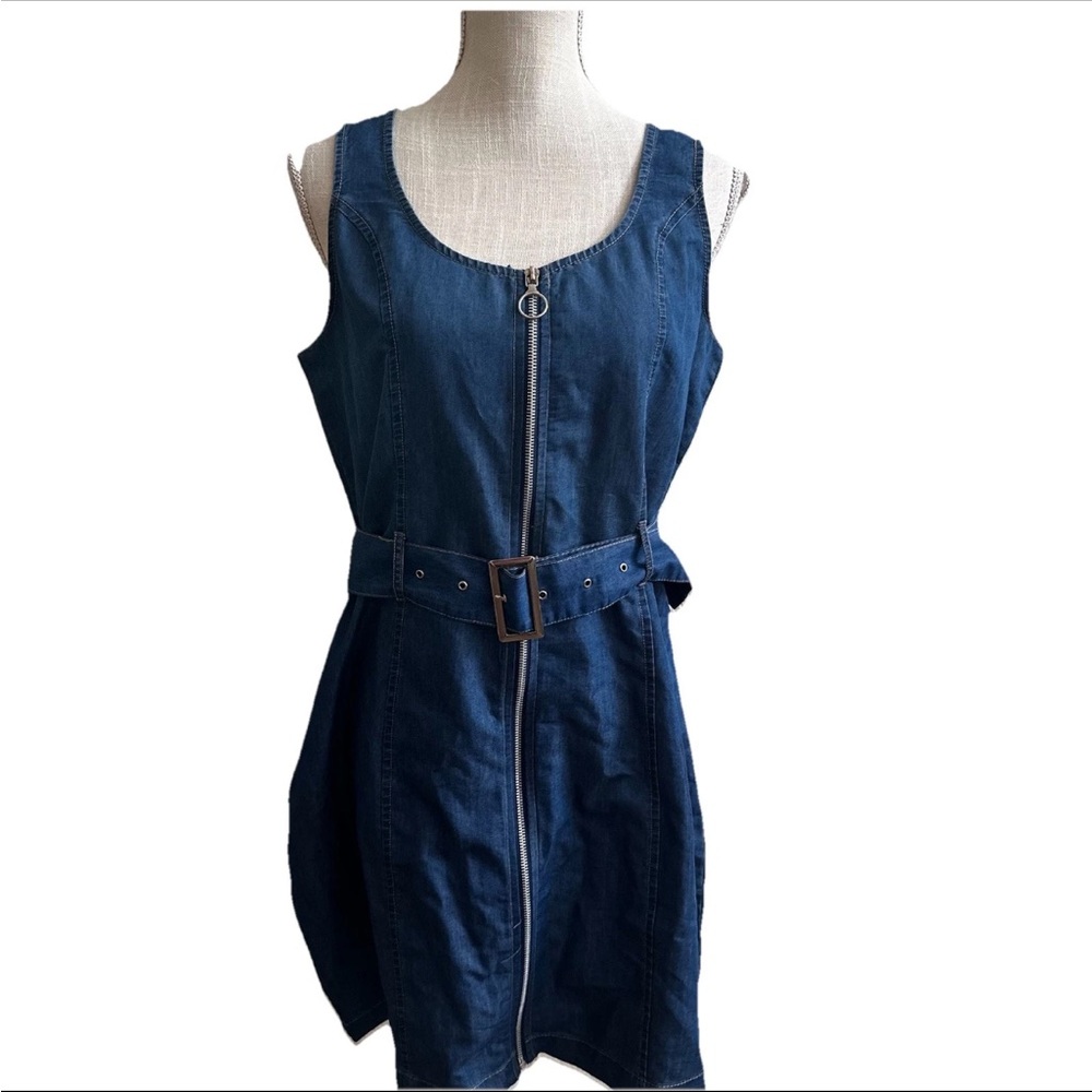 Full Zip Blue Denim Dress Belted Sleeveless Y2K Juniors XL
